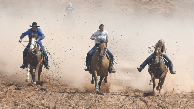 It was a sprint to the finish during the Short Race Saturday at the Crooked Creek Heritage Horse Races near Horseshoe Bend Saturday as (l-r) Mark Ringler, Raeghan Ruckel and Augastina Lembke head for a photo finish. Ruckel edged Lembke and Ringler in this round. See more photos on page 8. David Peck