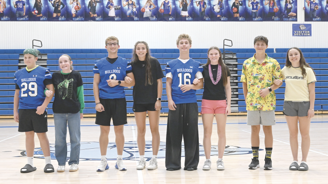 Standing proudly during the Tuesday night pep rally are members of the just-announced 2026 Lovell High School Homecoming royalty (l-r) freshman attendants Tyler Walker and Rubie Weber, king and queen Wilson Hendershot and Kandace Asay, sophomore attendants Rylan Oaks and Macie Anderson and junior attendants Kade Durtsche and Caylee Herman. David Peck